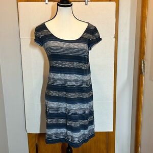 Max Studio Cobalt Blue Black Brushed Striped Coastal Vacation Beach Cotton dress